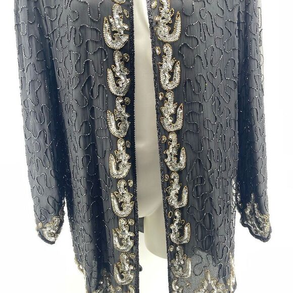 Vintage SCALA Silk Beaded Sequin Evening Glam Jacket Black Open Front XL - Picture 6 of 16